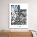 Framed map print of Utah on a wall above a wooden surface.