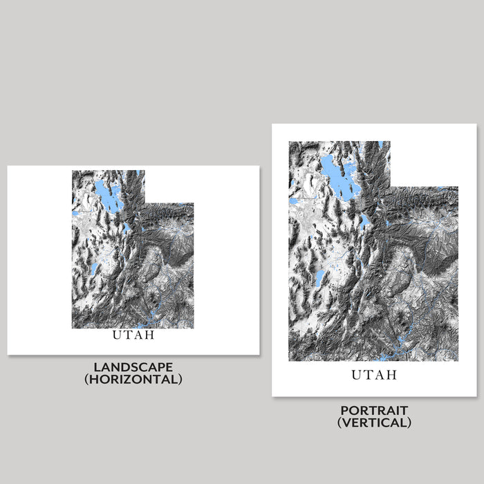 Two views of Utah's topography, one landscape and one portrait, on a gray background.