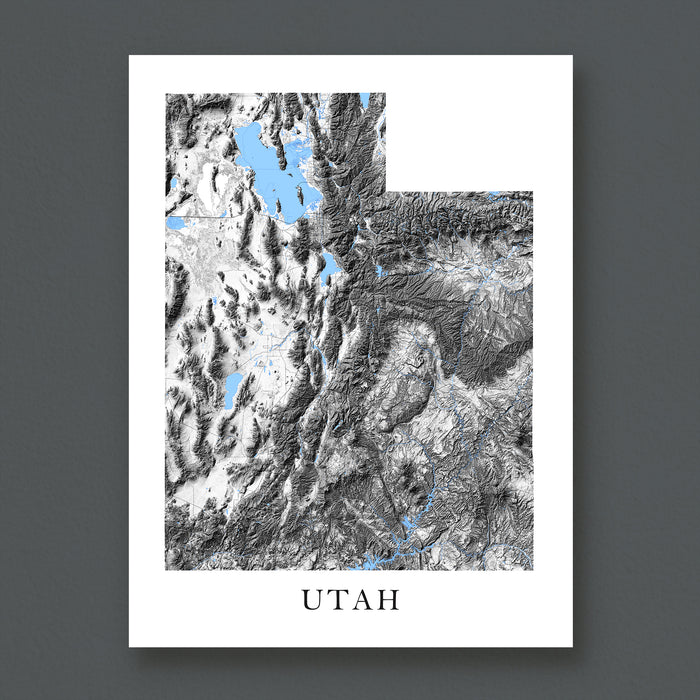 Topographic map of Utah with blue water bodies on a white background