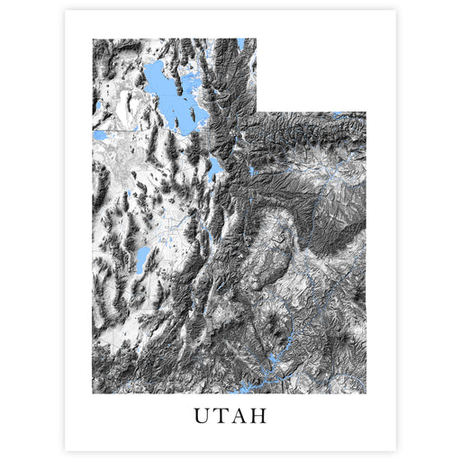 Topographic map of Utah with mountainous terrain and lakes.