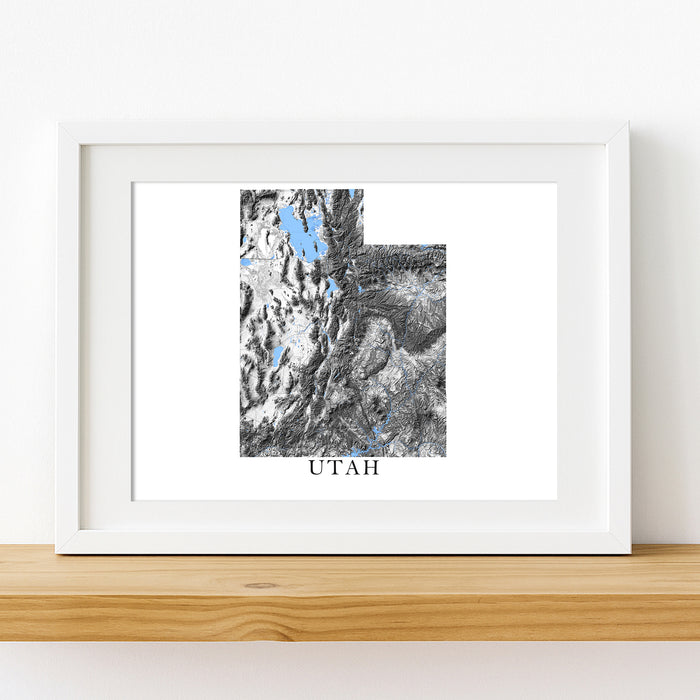 Framed map print of Utah on a white wall