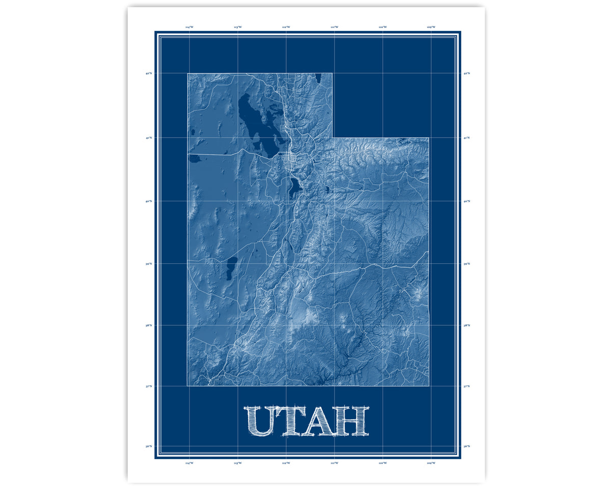 Utah State Topographic Map Wall Art Print Poster with Blue Patent Blue ...