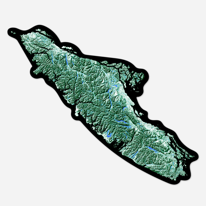 Vancouver Island vinyl decal with a colour topographic landscape design by Maps As Art.