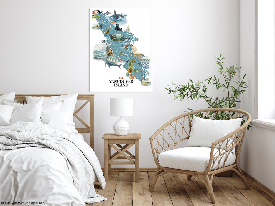 Modern bedroom with a bed, chair, and wall art of Vancouver Island.