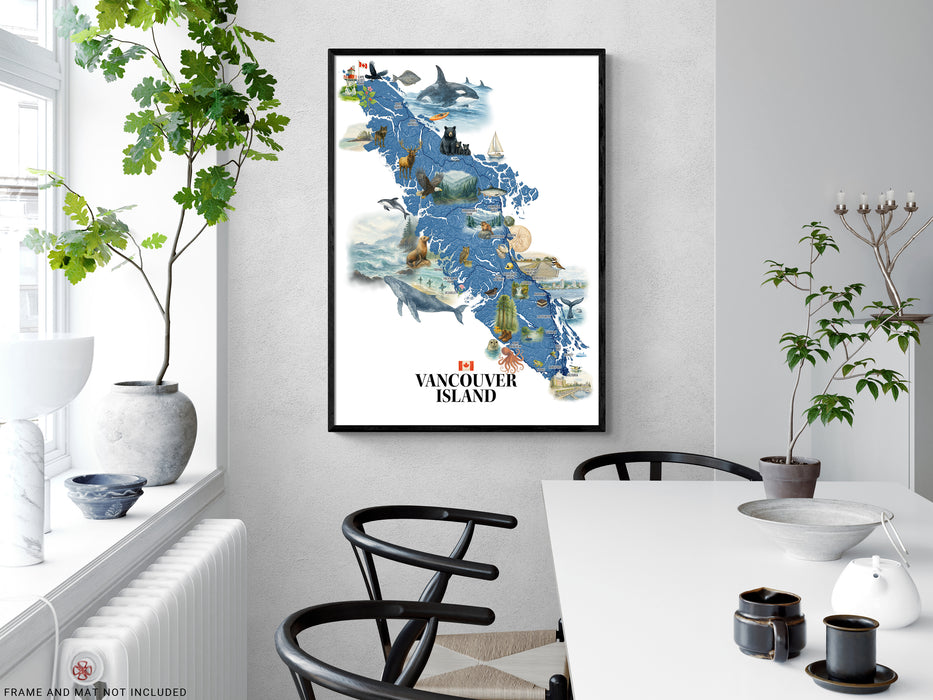 Map of Vancouver Island framed on a wall in a modern dining room.