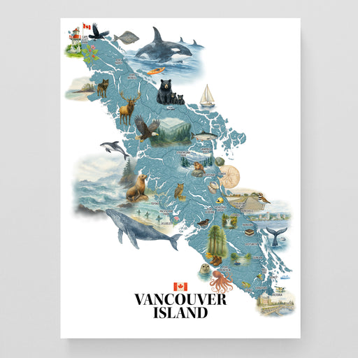 Map of Vancouver Island with various animals and landmarks on a white background