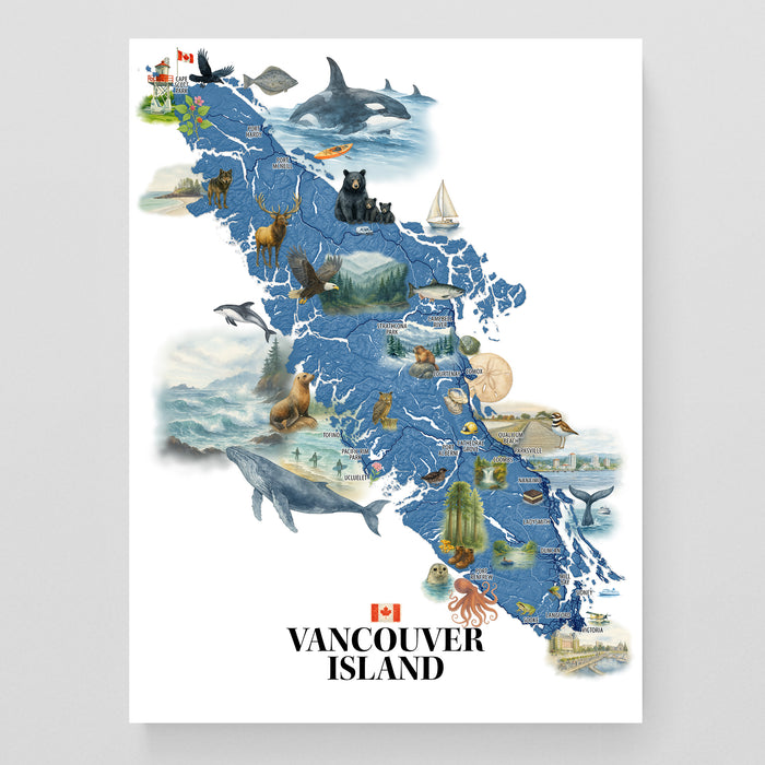 Map of Vancouver Island with various icons and animals on a white background