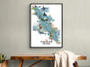 Framed map of Vancouver Island on a wall above a wooden bench.