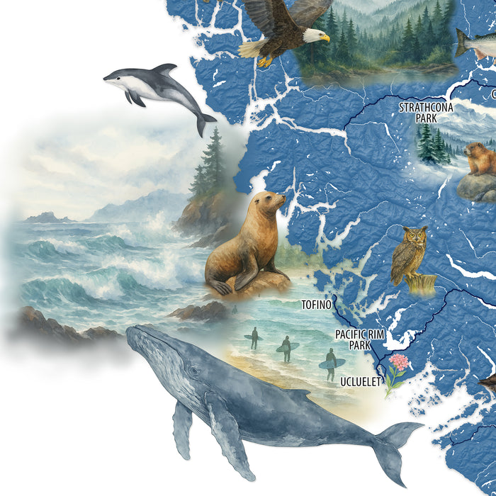 Map of British Columbia with wildlife illustrations including a bear, whale, and eagle.