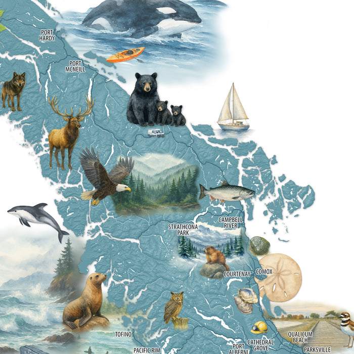 Map of British Columbia with wildlife illustrations and names of locations.