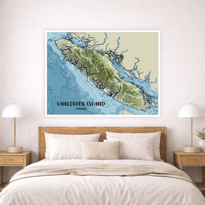 Map of Vancouver Island on a wall above a bed in a bedroom.