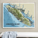 Framed map of Vancouver Island, Canada on a wall above a white surface.