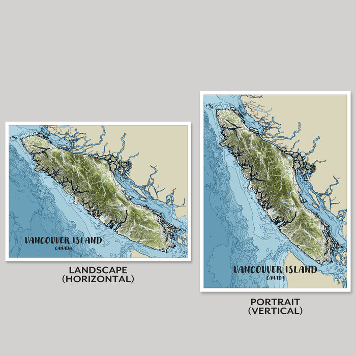 Two map prints of Vancouver Island, one landscape and one portrait, on a gray background.