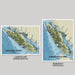 Two map prints of Vancouver Island, one landscape and one portrait, on a gray background.