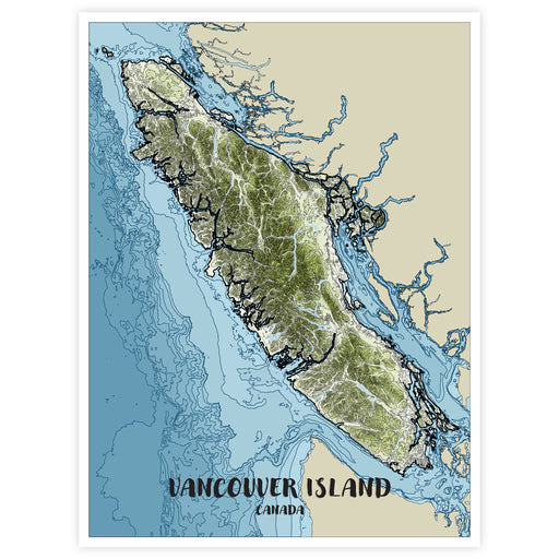 Map of Vancouver Island, Canada with topographic details.