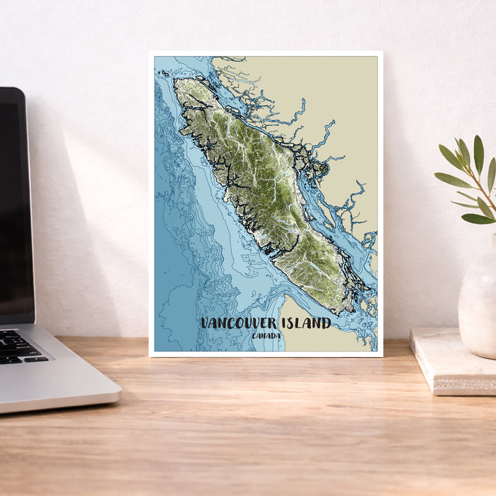Framed map of Vancouver Island on a desk with a laptop and plant.