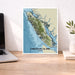 Framed map of Vancouver Island on a desk with a laptop and plant.