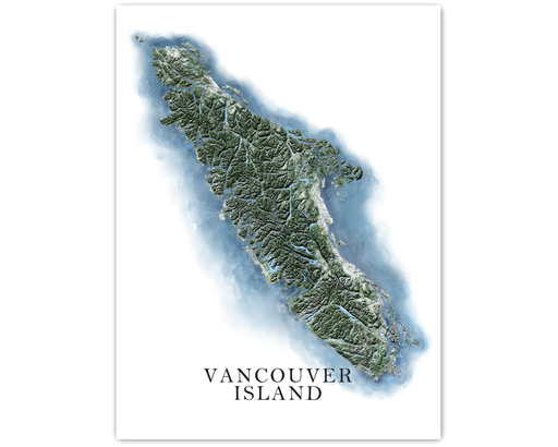 Vancouver Island, BC Canada map art print with a hand-drawn blue and green design, detailed topographic features, main roads and water-bodies.