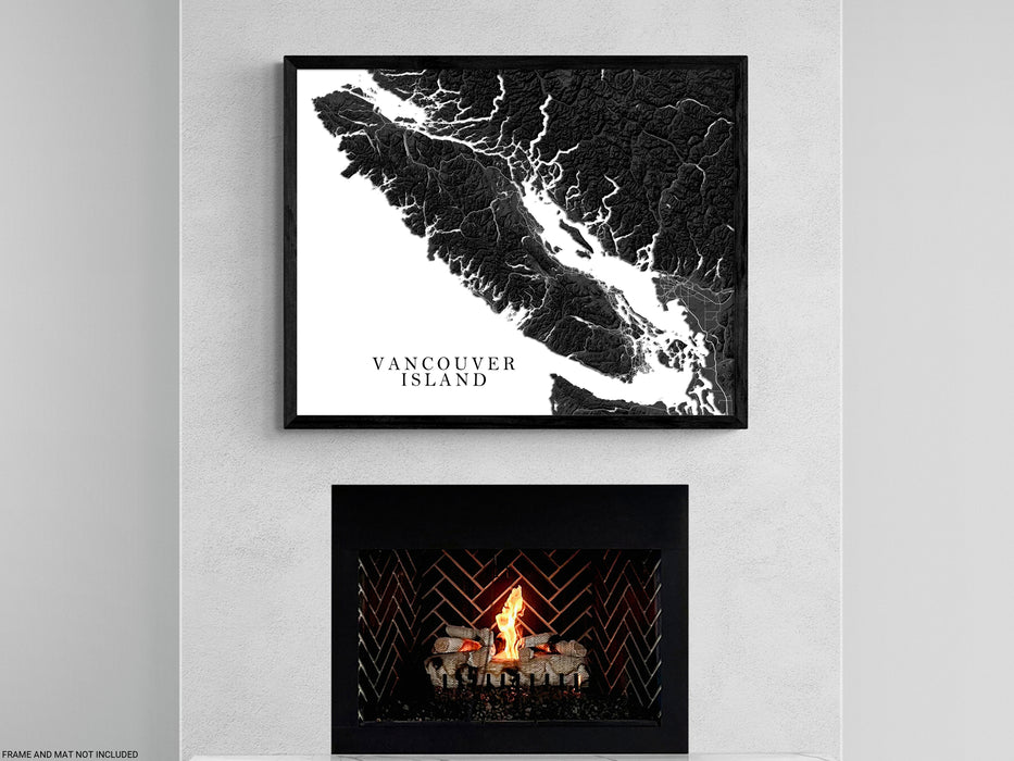 Vancouver Island regional map with a black and white topographic design by Maps As Art.