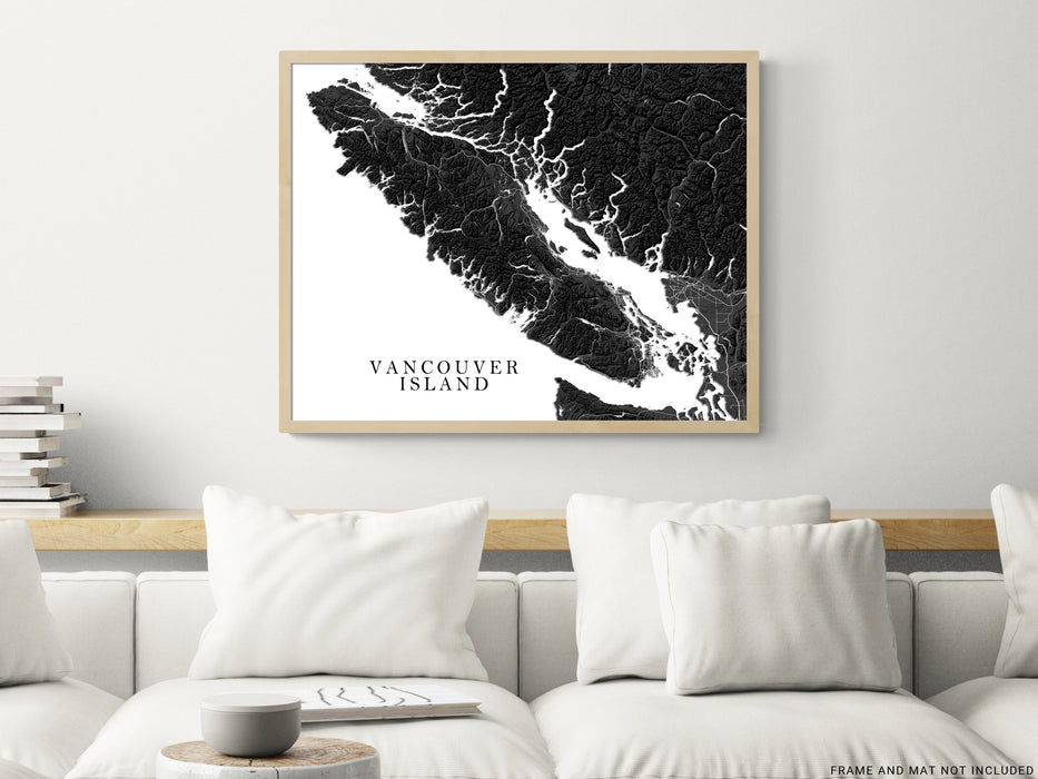 Vancouver Island regional map with a black and white topographic design by Maps As Art.