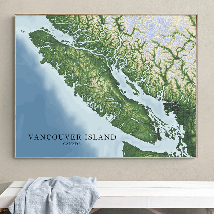 Vancouver Island BC Canada Topographic Map Wall Art Print, Victoria Nanaimo Gulf Islands