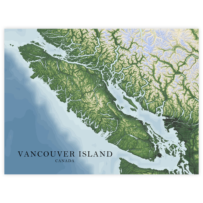 Vancouver Island BC Canada Topographic Map Wall Art Print, Victoria Nanaimo Gulf Islands