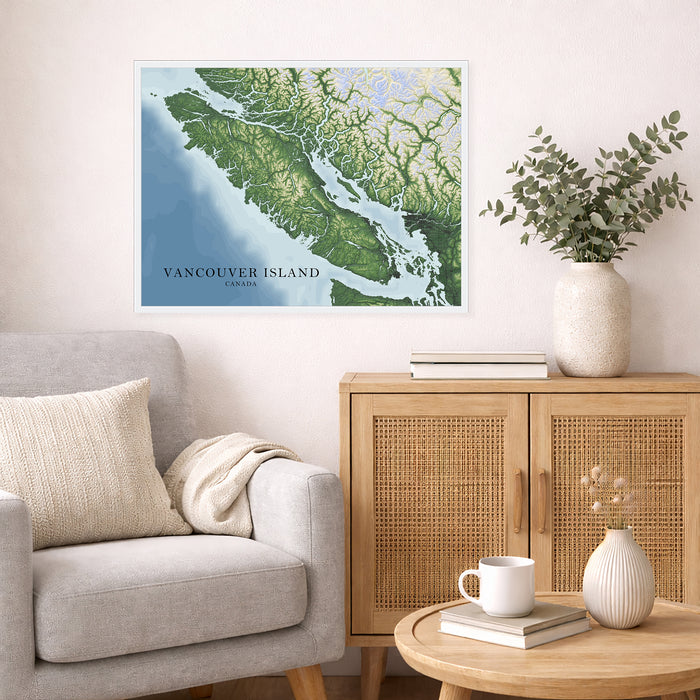 Vancouver Island BC Canada Topographic Map Wall Art Print, Victoria Nanaimo Gulf Islands