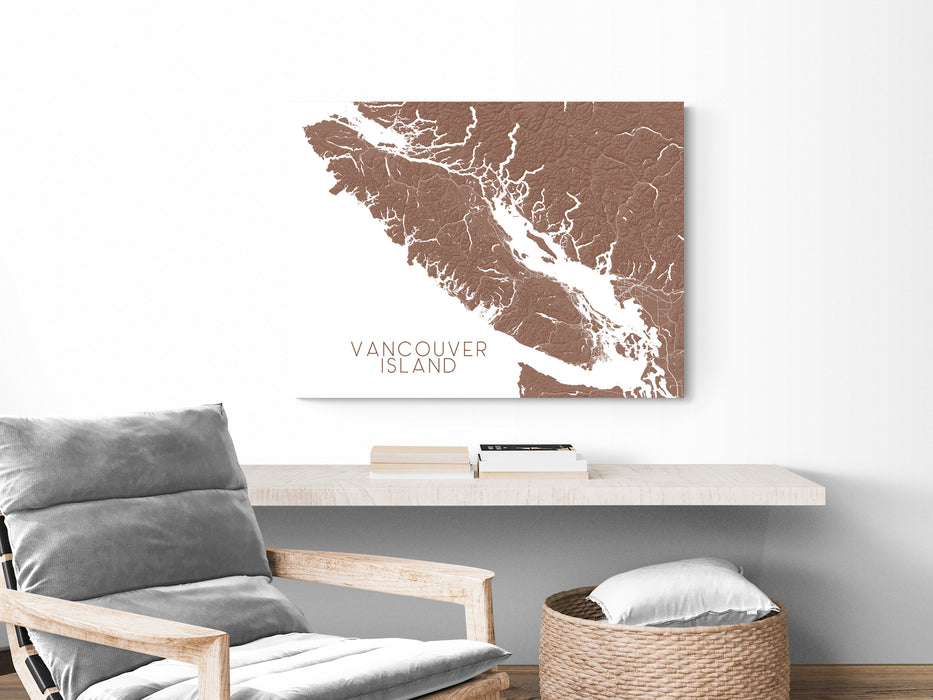 Vancouver Island map print with a topographic landscape design and main roads by Maps As Art.