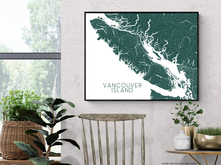 Vancouver Island map print with a topographic landscape design and main roads by Maps As Art.