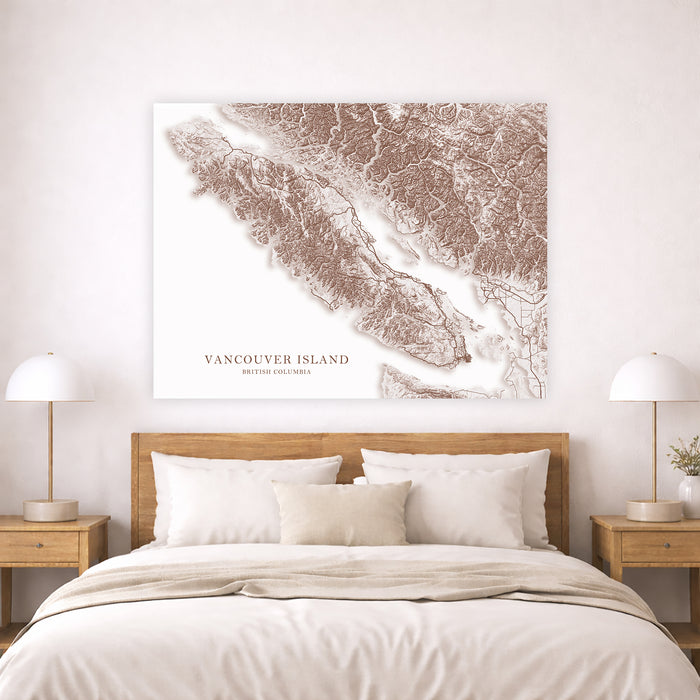 Map of Vancouver Island hanging above a bed in a bedroom setting
