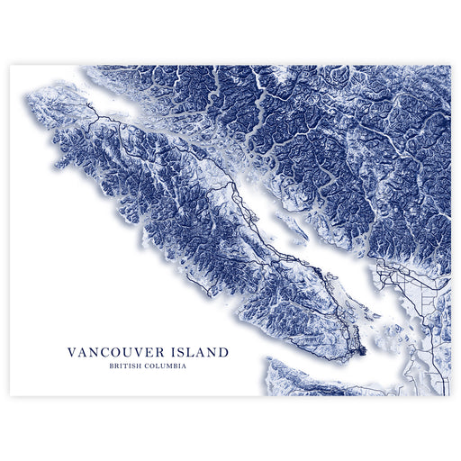 Topographic map of Vancouver Island, British Columbia with blue color scheme.