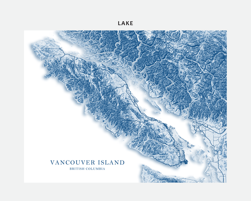 Vancouver Island map print with topographic features by Maps As Art.