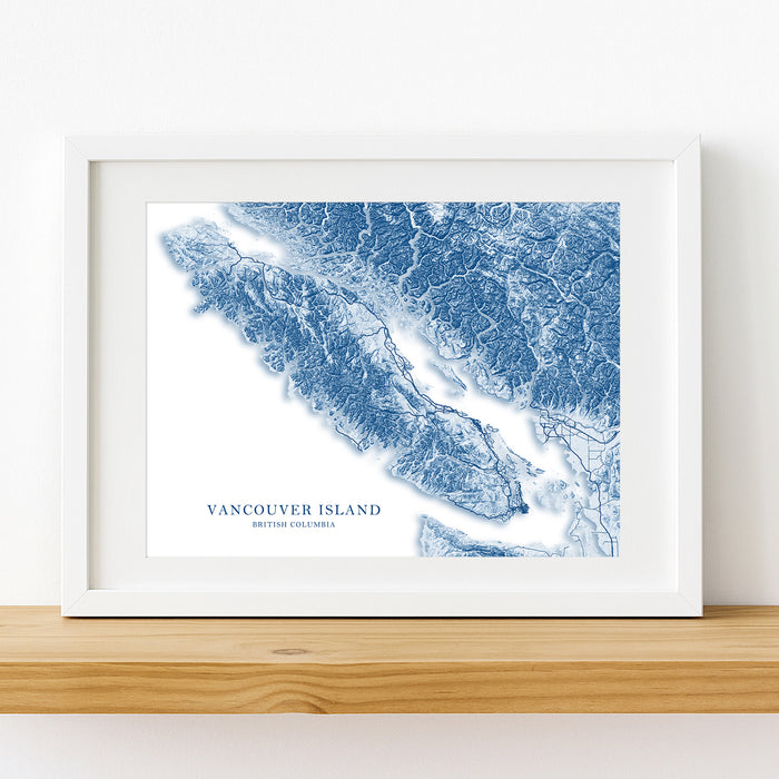 Framed map of Vancouver Island, British Columbia on a white background