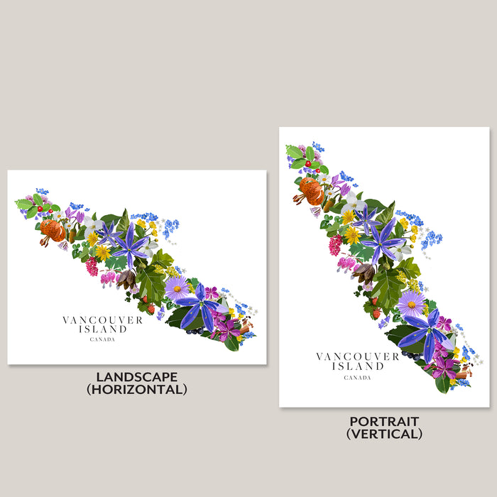 Two art print mockups showing the same floral map of Vancouver Island, one labeled landscape (horizontal) and one labeled portrait (vertical), on a light gray background.
