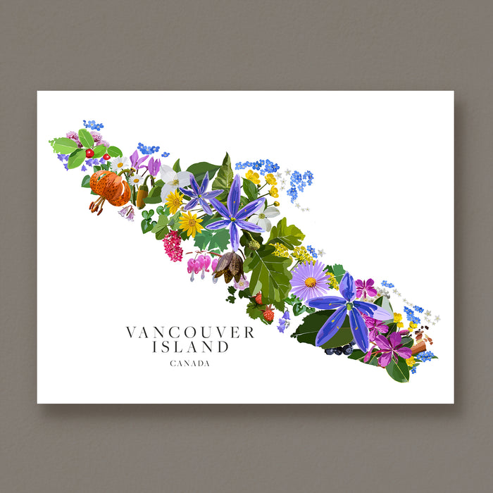 A square wall art print featuring a colorful floral map of Vancouver Island, Canada, with the text 'VANCOUVER ISLAND CANADA' printed below. The artwork is displayed against a neutral gray wall.
