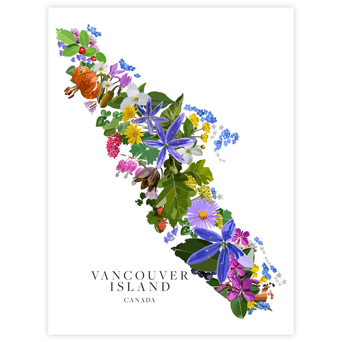 A botanical art print of Vancouver Island, Canada, featuring a watercolor map silhouette filled with a vibrant array of local flowers and green leaves, with the text 'VANCOUVER ISLAND CANADA' printed at the bottom on a white background.
