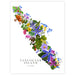 A botanical art print of Vancouver Island, Canada, featuring a watercolor map silhouette filled with a vibrant array of local flowers and green leaves, with the text 'VANCOUVER ISLAND CANADA' printed at the bottom on a white background.