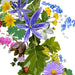 A colorful vector illustration of a wildflower bouquet featuring purple, yellow, blue, pink, and white flowers with green leaves on a white background.
