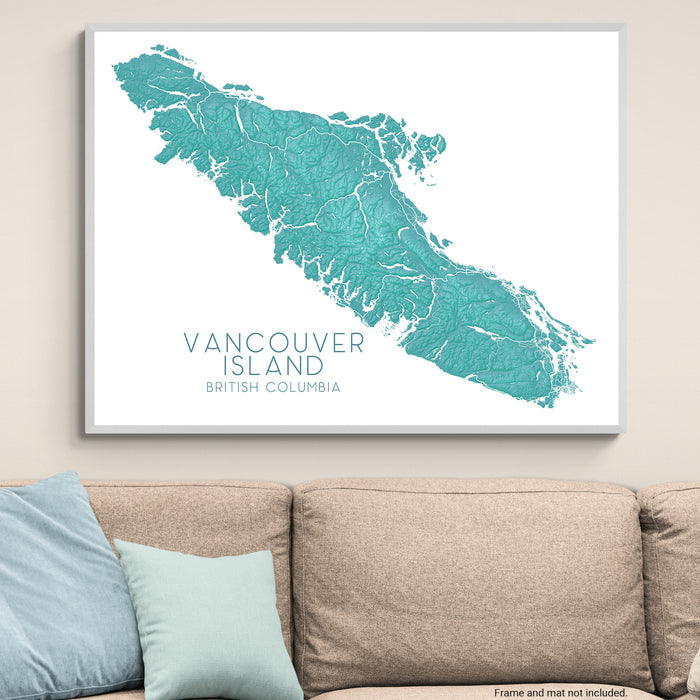 Vancouver Island Canada Turquoise Relief Map Wall Art Print: Tofino Victoria Nanaimo