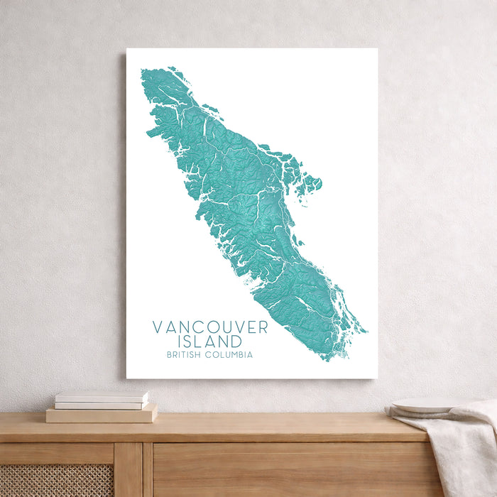 Vancouver Island Canada Turquoise Relief Map Wall Art Print: Tofino Victoria Nanaimo