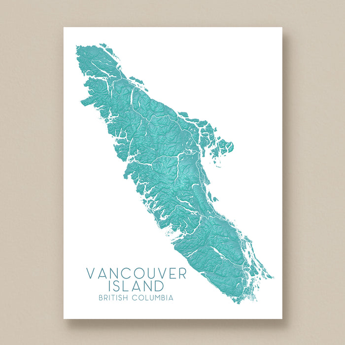 Vancouver Island Canada Turquoise Relief Map Wall Art Print: Tofino Victoria Nanaimo