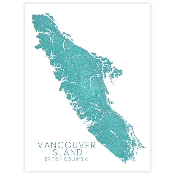 Vancouver Island Canada Turquoise Relief Map Wall Art Print: Tofino Victoria Nanaimo
