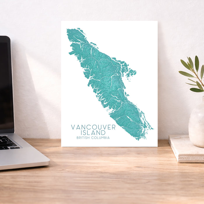 Vancouver Island Canada Turquoise Relief Map Wall Art Print: Tofino Victoria Nanaimo