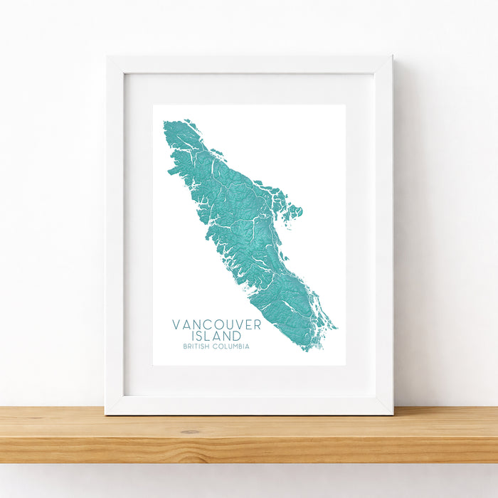 Vancouver Island Canada Turquoise Relief Map Wall Art Print: Tofino Victoria Nanaimo