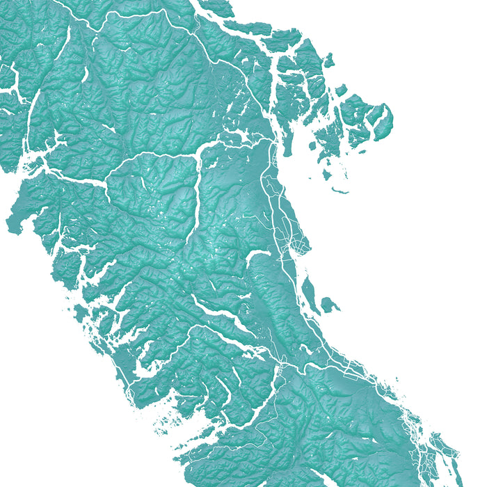 Vancouver Island Canada Turquoise Relief Map Wall Art Print: Tofino Victoria Nanaimo