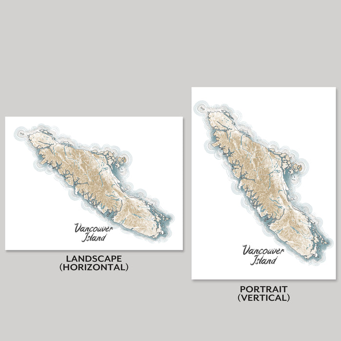 Two maps of Vancouver Island, one in landscape horizontal orientation and the other in portrait vertical orientation, on a gray background.
