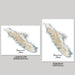 Two maps of Vancouver Island, one in landscape horizontal orientation and the other in portrait vertical orientation, on a gray background.