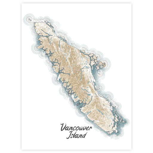 Map of Vancouver Island with a topographic layout on a white background