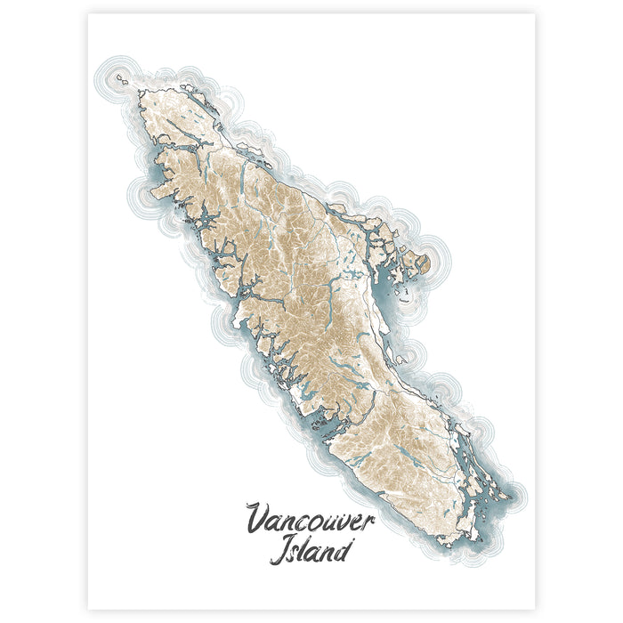 Map of Vancouver Island with a topographic layout on a white background
