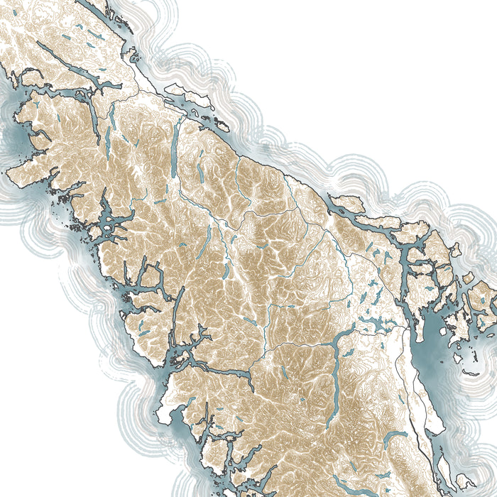 Topographic map of a coastal area with brown landmasses and blue water.